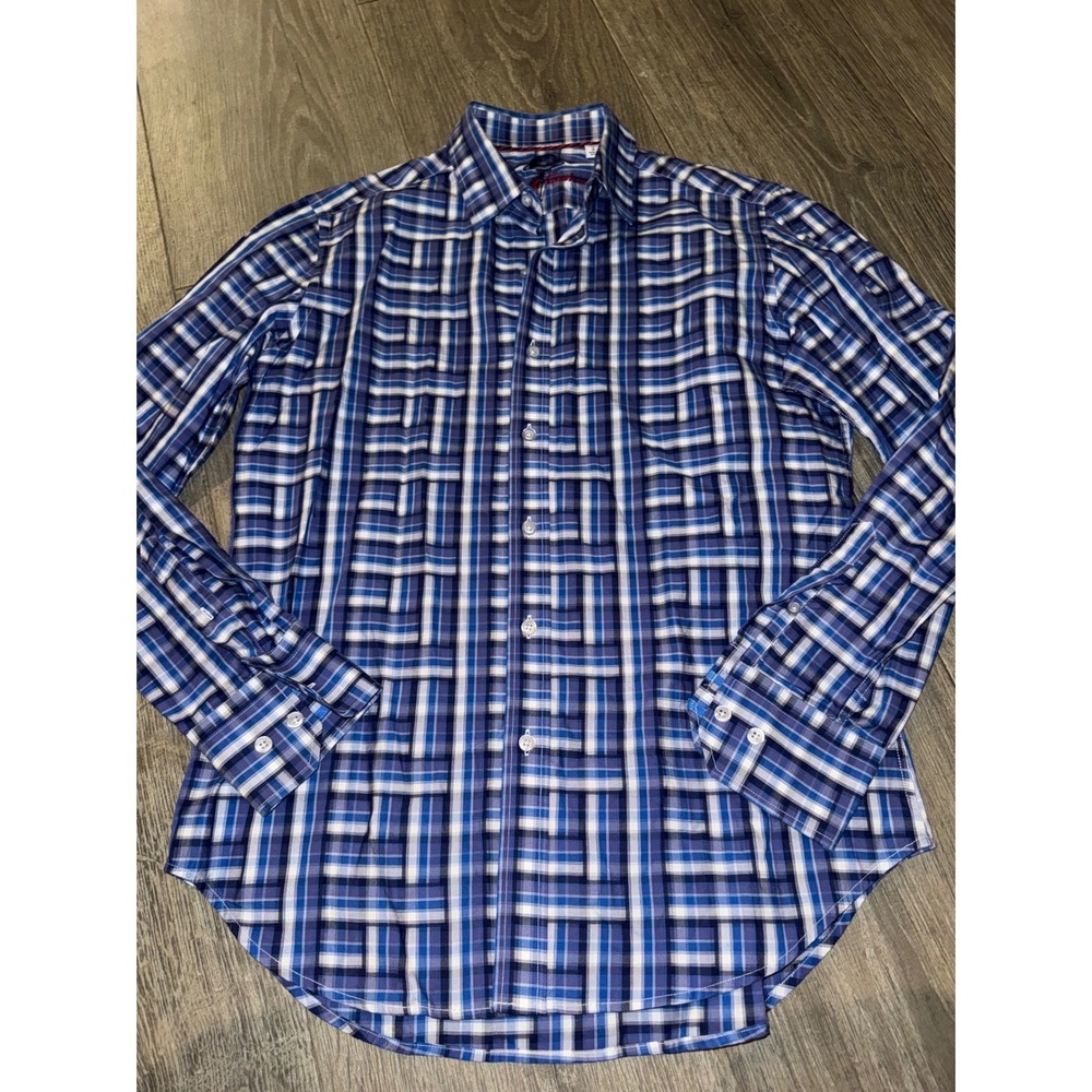 Robert Graham Mens Small Blue White Geometric Plaid Classic Fit Button Shirt